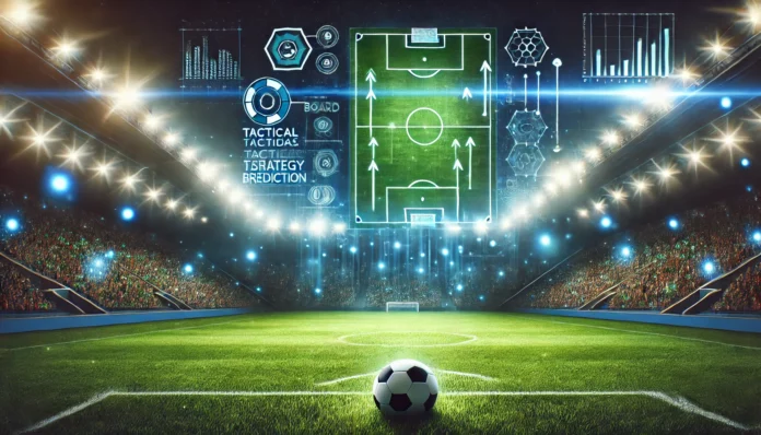 DALL·E 2026-03-07 17.55.08 - Landscape sports themed illustration for a football prediction article, cinematic night football stadium under bright floodlights, green pitch viewed prediksi bola akurat 100 malam ini