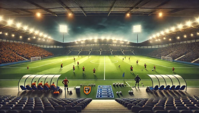 DALL·E 2026-03-07 19.42.22 - Landscape football match preview image with no text. Scene_ a dramatic evening stadium under bright floodlights, lush green pitch viewed from a slight Hull City vs Millwall